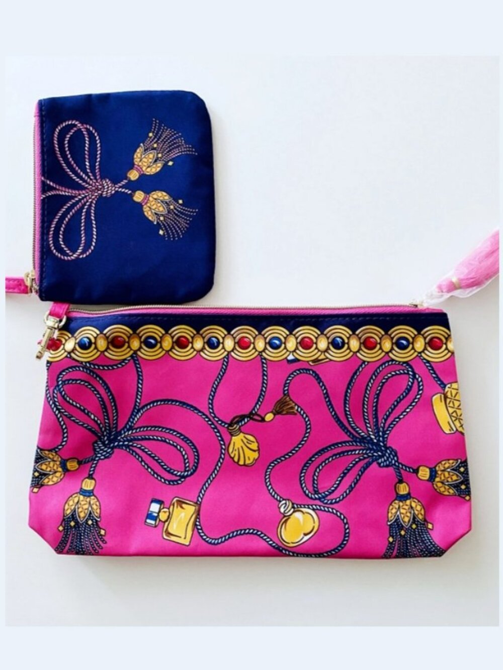 Estee Lauder Hot Pink Tassle Makeup Cosmetic Travel Bag 2 Pc Large + Blue Mini
